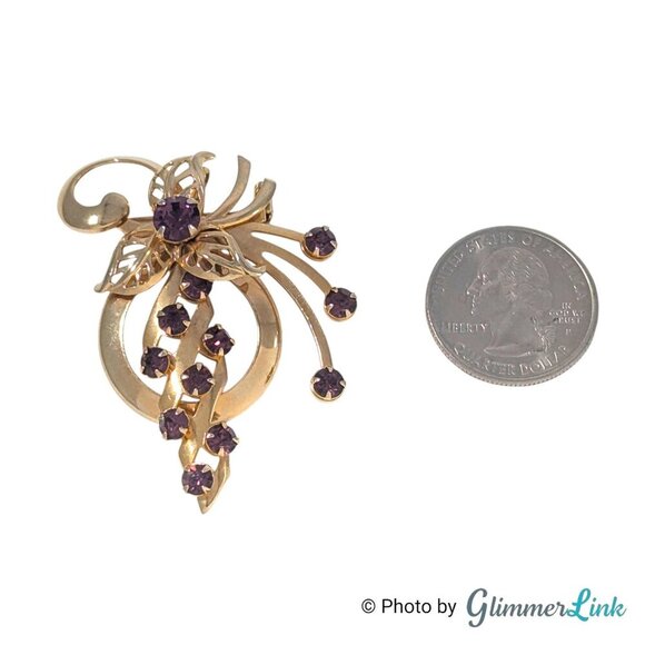 Vintage 1950s Purple Rhinestone Floral Spray Gold Tone Brooch Pendant - Picture 5 of 8